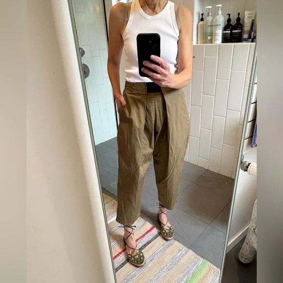 Kapital Tan Pull-on Cropped Pleated Pant with Velcro Closure, easy beach go pant - Picture 2 of 6